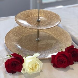 two-tiered dessert stand server Rose gold glass silver metal handle